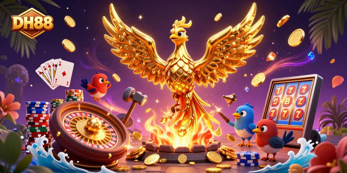 Experience thrilling gaming moments at DH88 with a golden phoenix and casino elements.