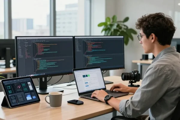 Software engineer coding in innovative tech workspace for bdtjl platform development.