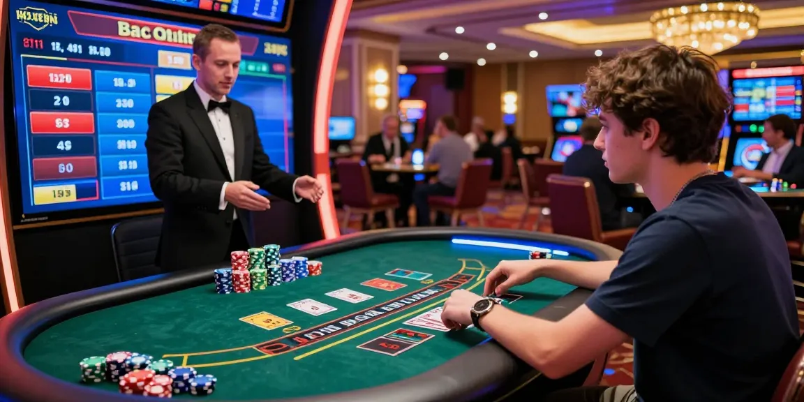 Baccarat Online gaming scene showcasing a player at a live casino table with professional dealers and vibrant atmosphere.