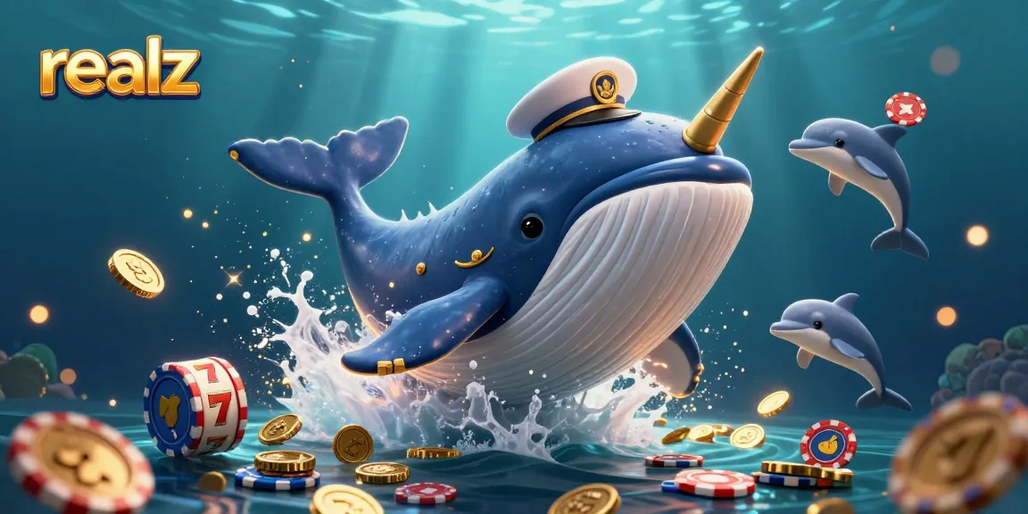 Experience realz excitement as a cartoon whale and friends play with slot reels and poker chips in a vibrant casino scene.