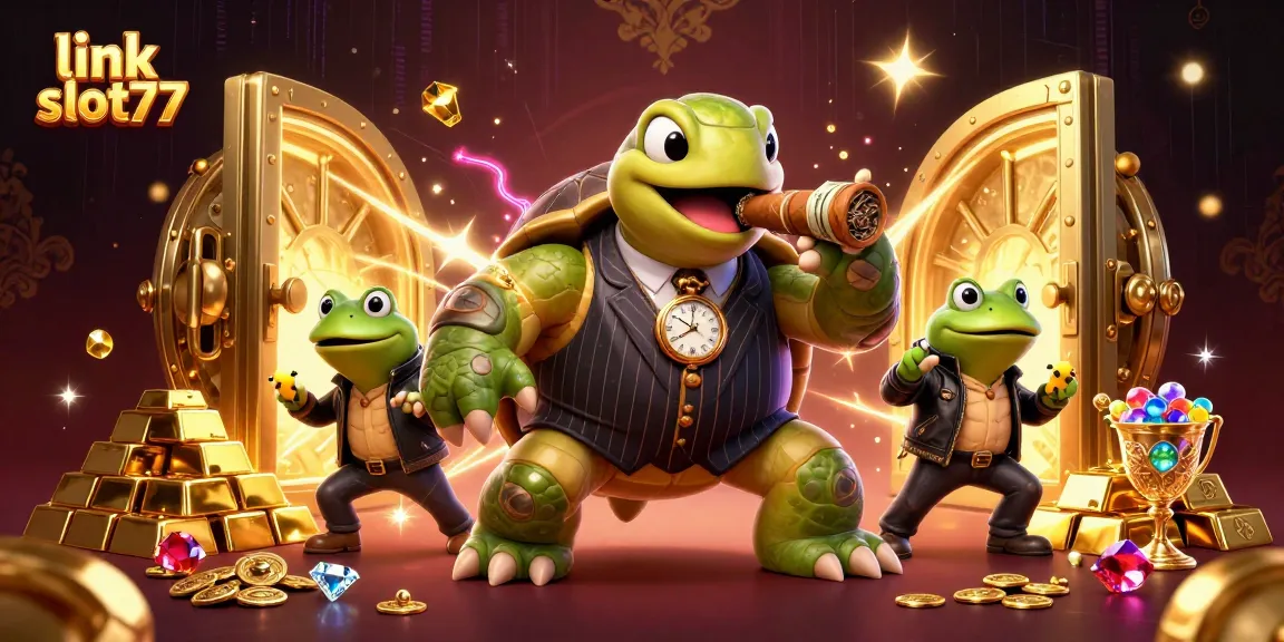 Experience thrilling spins at link slot77 with a vibrant casino illustration featuring colorful jackpots and dynamic characters.