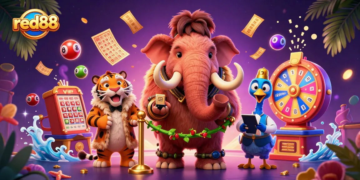 Experience the excitement of red88 with a vibrant illustration featuring a woolly mammoth bouncer and lively gambling elements.