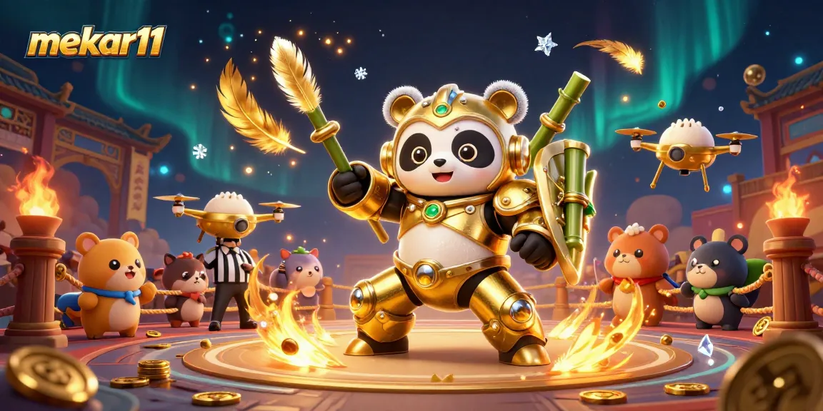 Mekar11 shines as the golden panda warrior battles in a vibrant casino-themed arena.