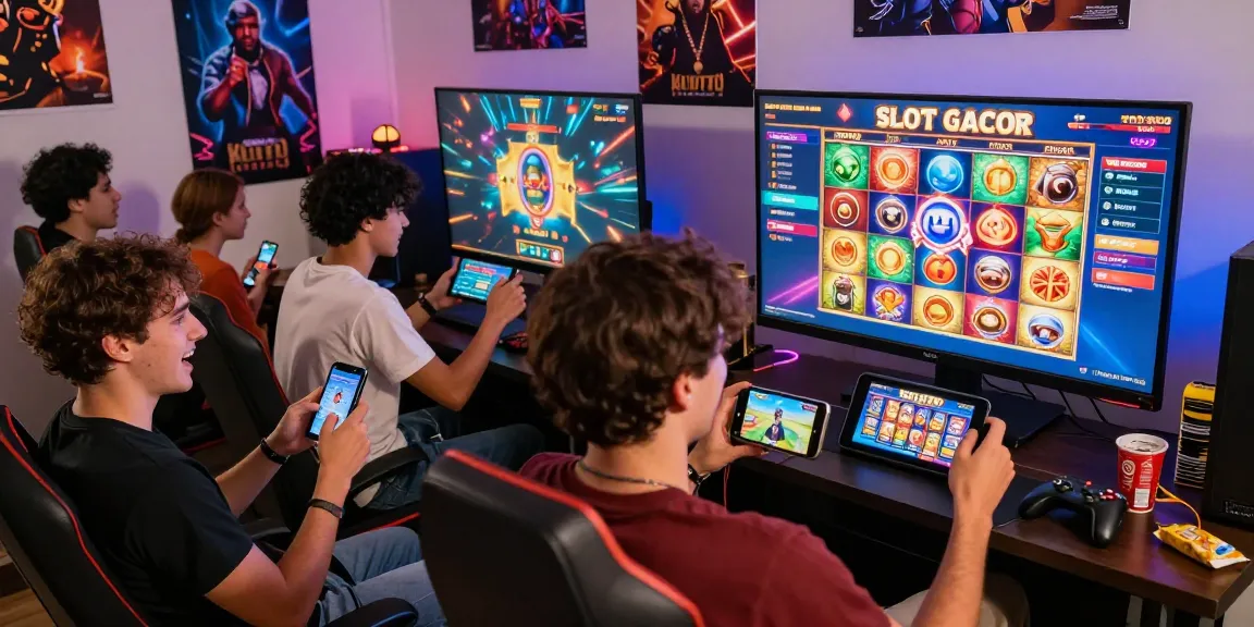 Engaged friends enjoying KOITOTO online slots in a lively gaming room.