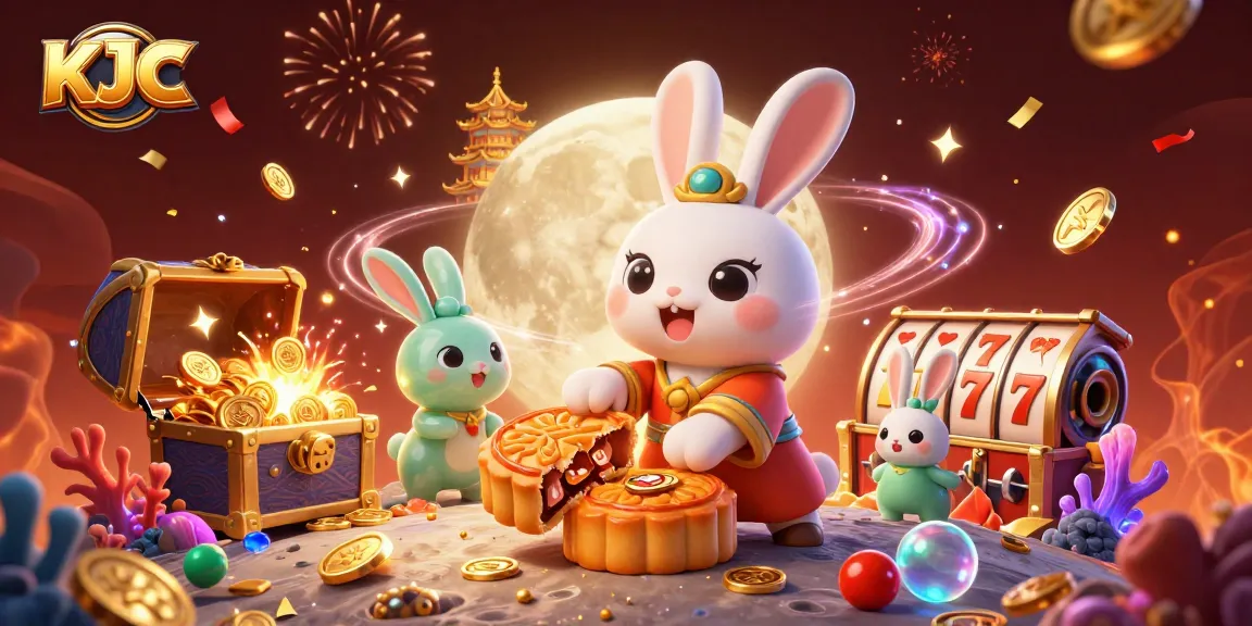 KJC showcases an exciting casino theme with a moon rabbit and poker chips in a vibrant 3D setting.