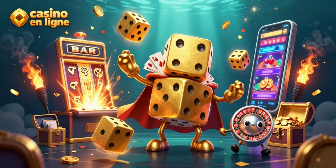 Gagnez avec le casino en ligne : illustration d'un golem de dés en or entouré de jeux et de jackpots.
