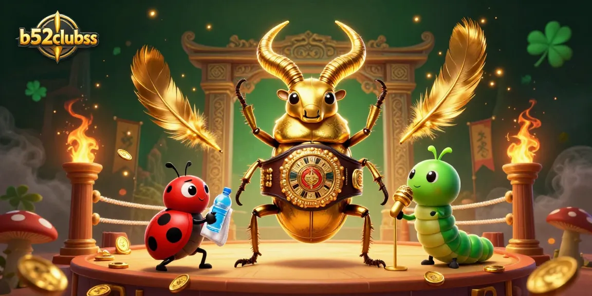 b52clubss showcases a dynamic 3D scene with a golden stag beetle in a boxing ring, emphasizing exciting gaming action.