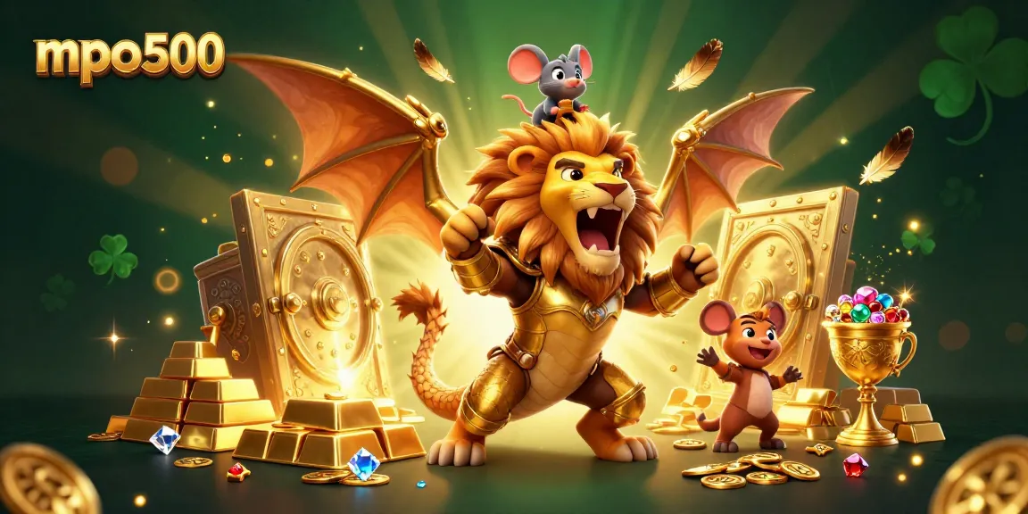 Win big with mpo500: A triumphant chimera and mouse jockey in a dazzling treasure-filled casino landscape.