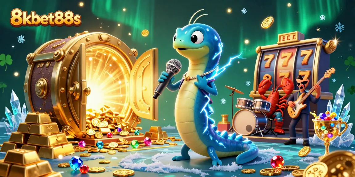 The 8kbet88s underwater casino scene showcases a DJ electric eel, lobster drummer, and seahorse guitarist amidst gold treasure and vibrant slot elements.