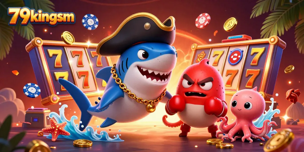 Engaging scene with 79kingsm showcasing a lively pirate shark, pufferfish, and octopus amidst vibrant slot elements.