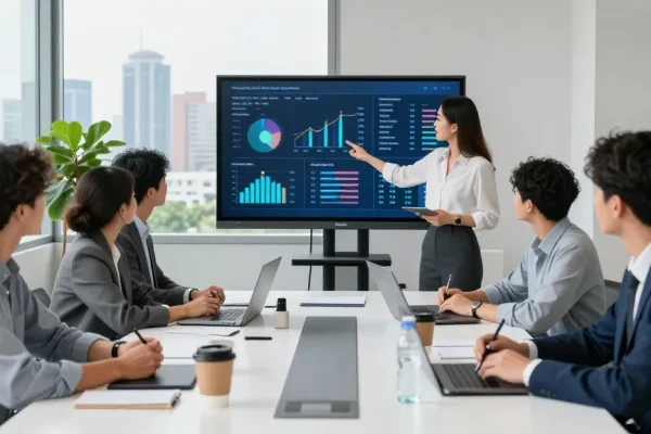 Team collaborating around a conference table discussing data insights from https://www.www456bd.com/ in a modern corporate environment.
