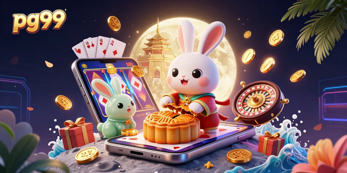 Experience thrilling wins at pg99 with a vibrant lunar casino scene featuring 3D characters and slot games.