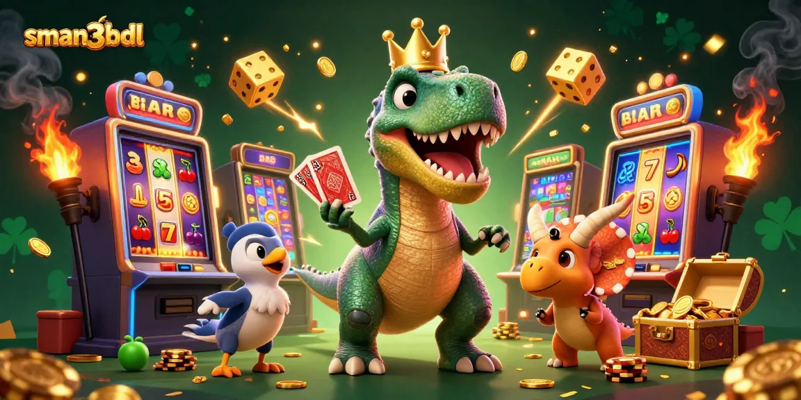 Gambaran sman3bdl, dinosaurus bermain kartu dan menumpuk chip emas dalam suasana kasino yang ceria.