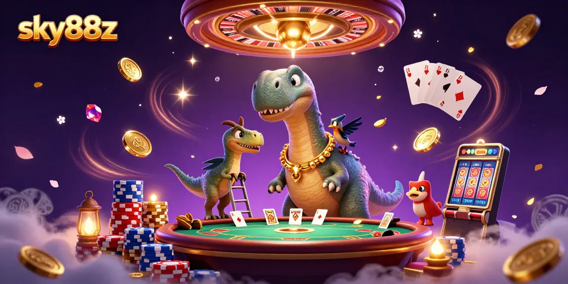 Engage with sky88z by witnessing a colossal brontosaurus overseeing an exciting casino scene.