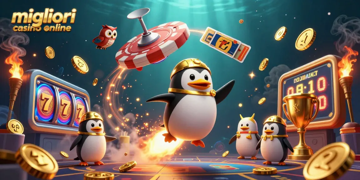 Scopri i migliori casino online con un pinguino d'oro che vola tra slot e trofei.