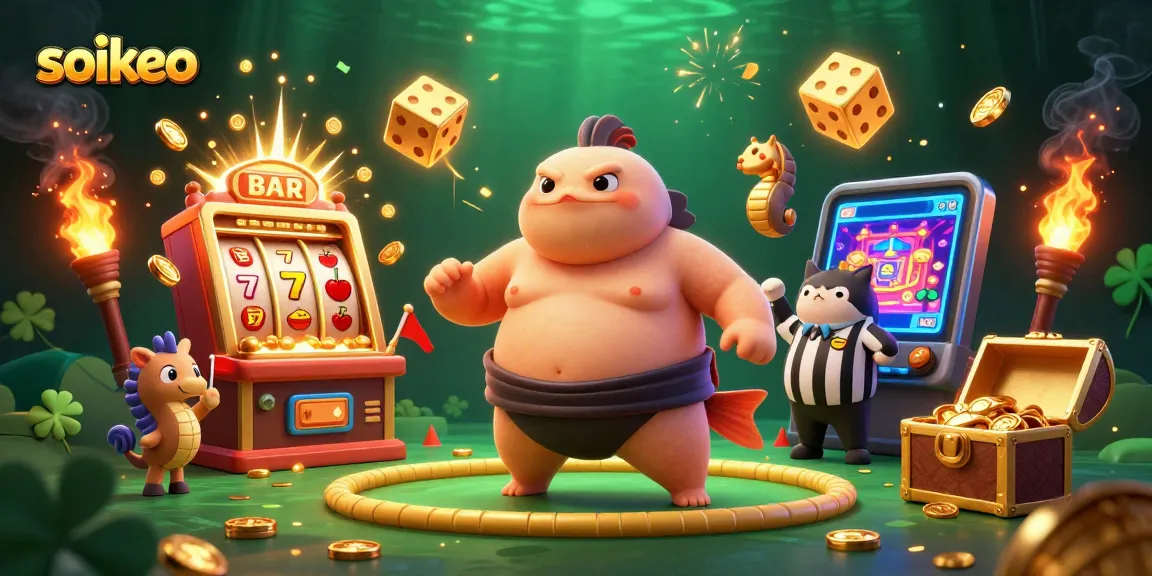 Engage with soikeo's thrilling gambling scene featuring a fugu in a sumo belt amid jackpot explosions.