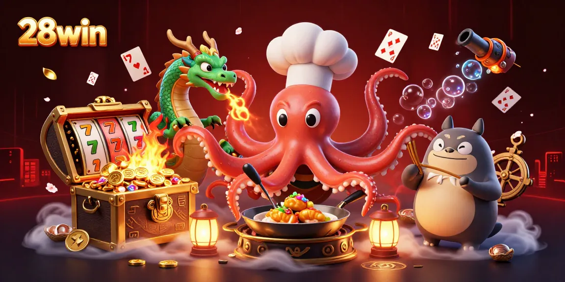 Play exciting games at 28win with sushi chef octopus and wasabi dragon in this vibrant gambling illustration.