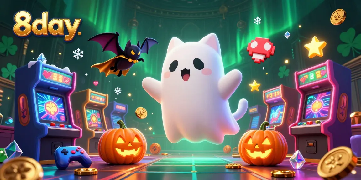 Experience thrilling gameplay with 8day's ghost cat and vampire bat in a haunted casino.