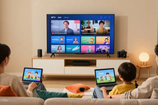Test IPTV 24h pour un divertissement familial illimité dans un salon moderne.