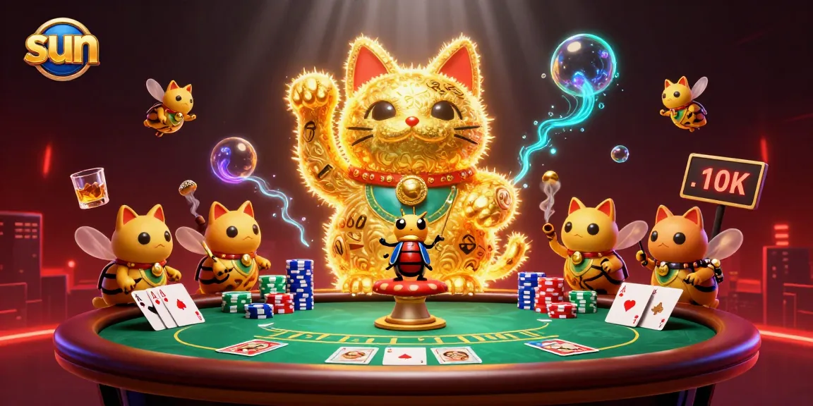 Experience the thrill of the sun-inspired casino with a majestic lucky cat made of golden fireflies.
