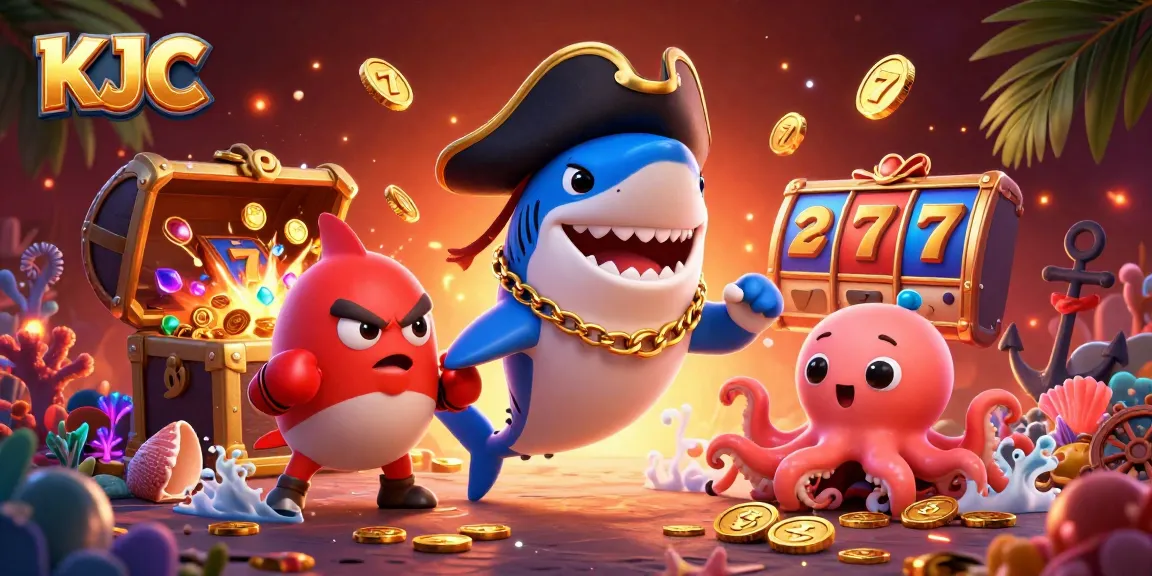 KJC players spin slot reels amidst treasure, showcasing vibrant casino excitement and fun.