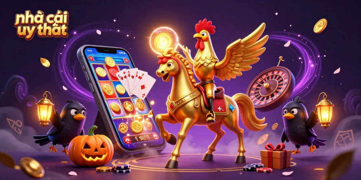 Experience the thrill of nhà cái uy tín with a golden rooster and spectral horse in a vibrant casino scene.
