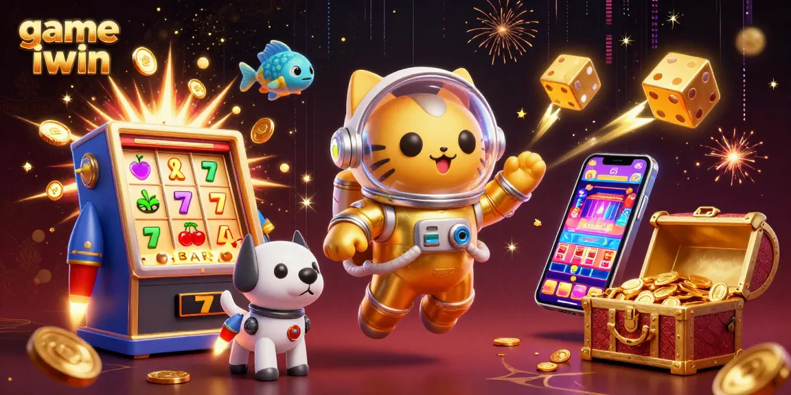 Play game iwin with a vibrant 3D illustration of an astronaut cat surrounded by casino elements.