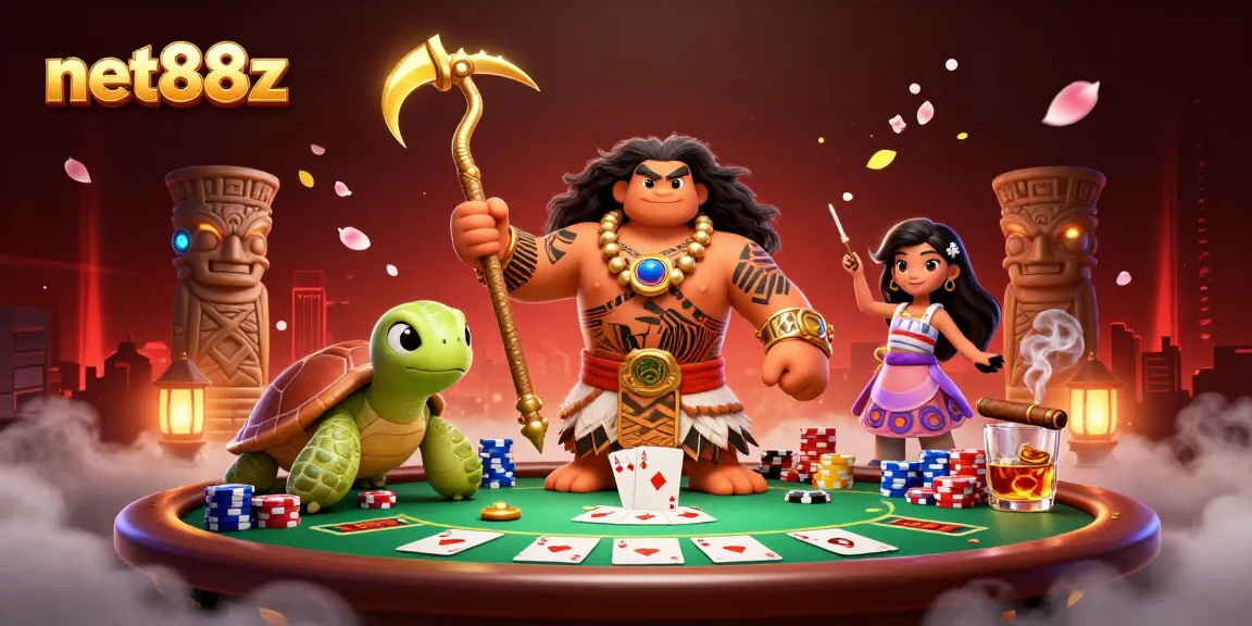 Experience net88z's poker excitement with vibrant 3D elements and iconic characters.