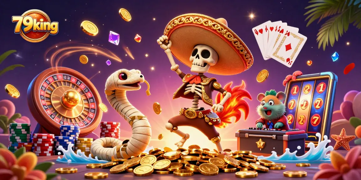 79king showcases vibrant 3D casino characters dancing with coins and cards in a lively illustration