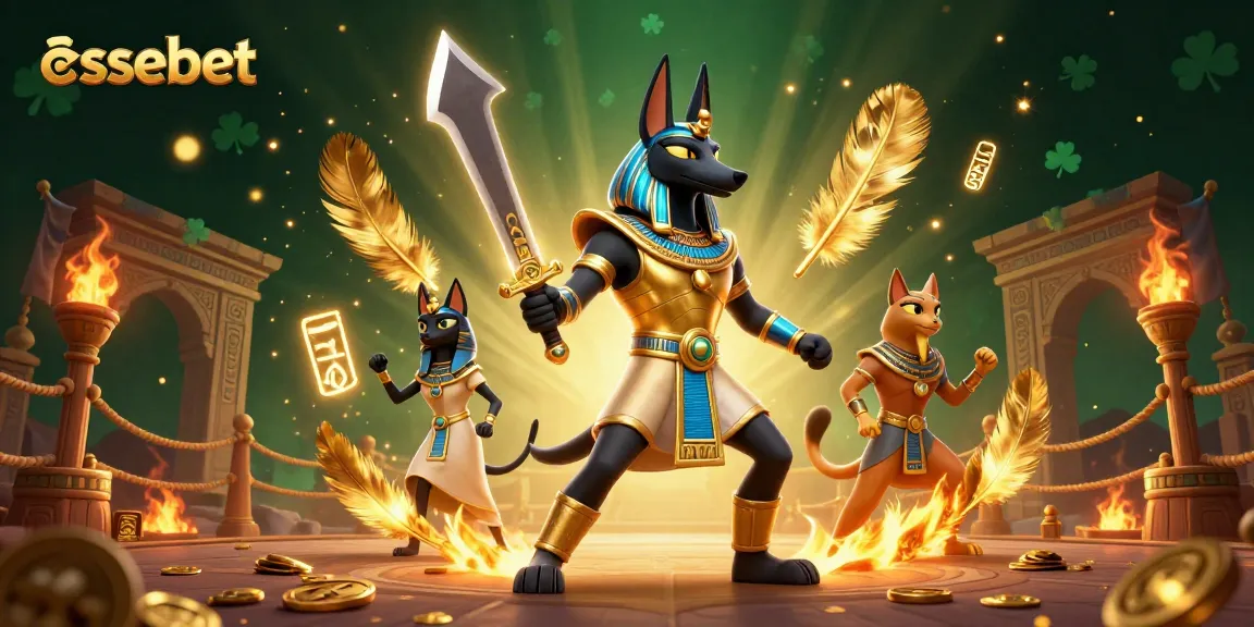 Experience essebet with Anubis and Bastet amidst a vibrant casino world filled with dynamic game elements.