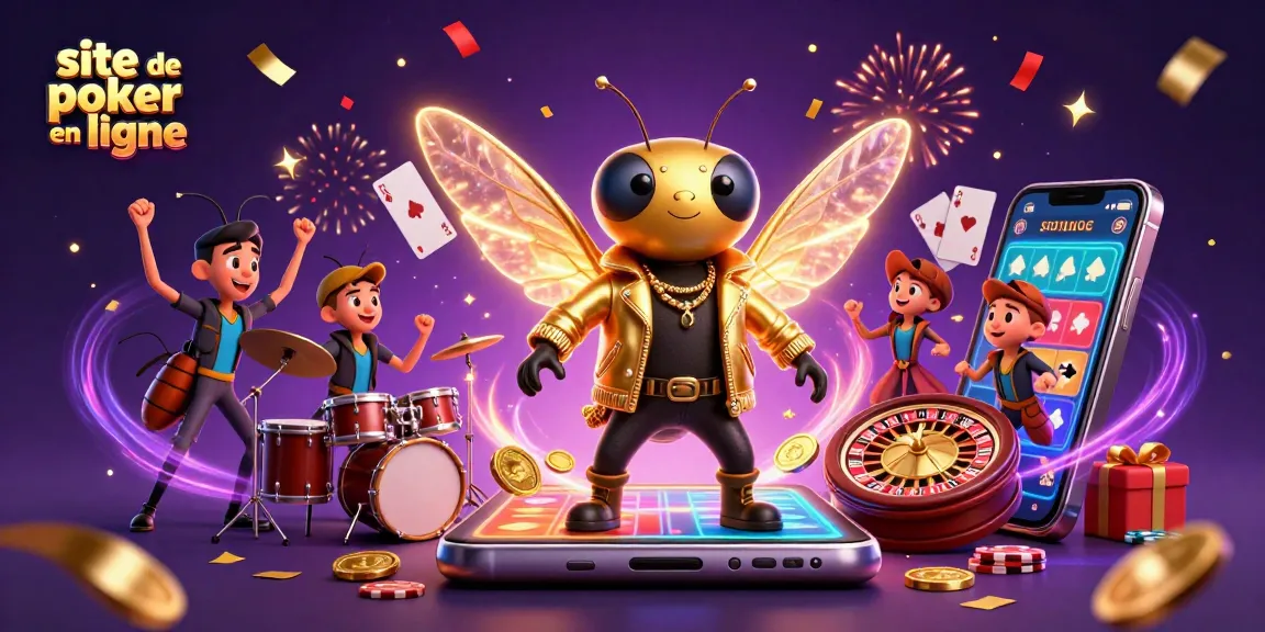 Découvrez les sensations du site de poker en ligne avec une scène vibrante de personnages animés entourés de jeux de cartes.