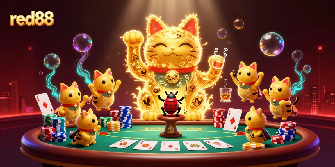 Engage in thrilling action with red88 at a vibrant poker table, surrounded by animated symbols and golden fireflies.