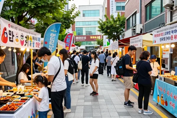 Vibrant scene of visitors at 상봉동 한국관 engaging with cultural displays and food stalls.