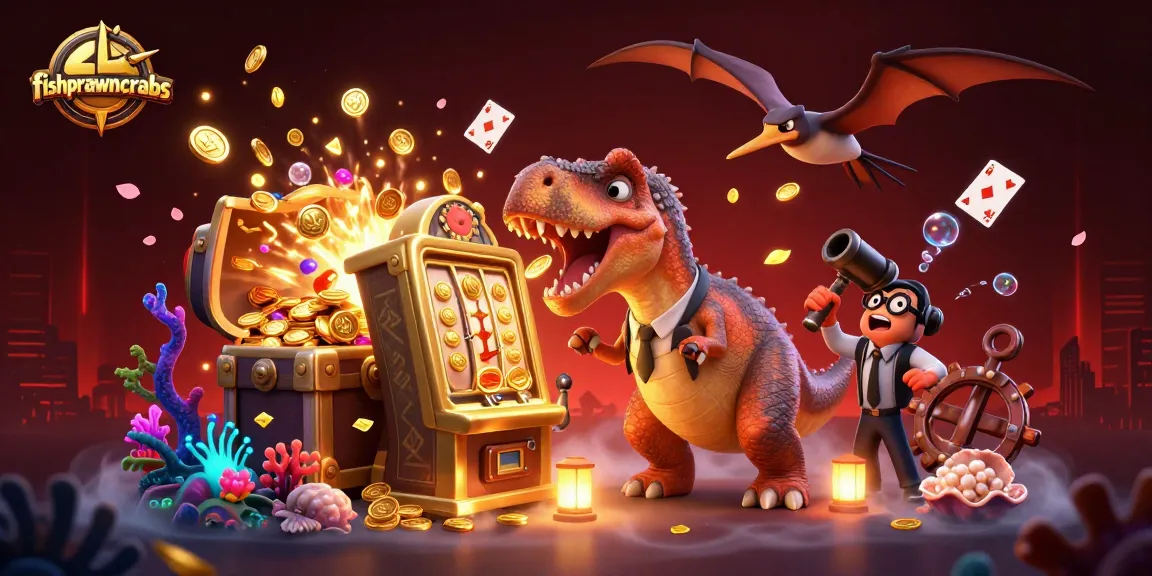 Experience the thrill of fishprawncrabs as pachycephalosaurus hits a jackpot slot machine amidst exciting casino elements.