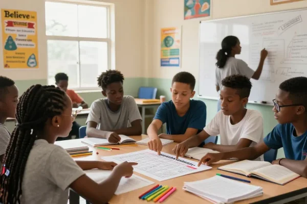 Students preparing for the 2026 NECO timetable in a vibrant classroom setting, engaged in collaborative learning.