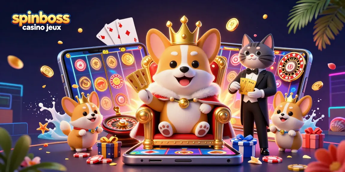 Découvrez l'univers des jeux spinboss casino jeux avec un corgi royal sur un trône de jetons et un majordome chat.