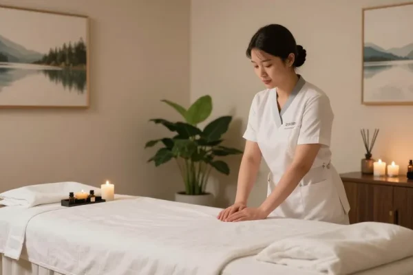 High-end 마포출장안마 service in a tranquil massage room with calming decor and essential oils.