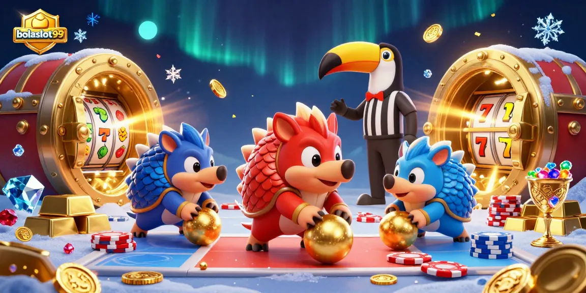 Experience exciting gameplay with bolaslot99 as rival pangolins roll through poker chips in a vibrant casino.