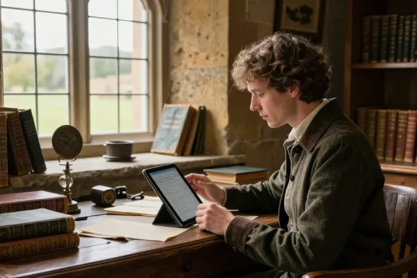 Explore historical content at https://tyntescastle.com with a reader engaged in rich cultural narratives.