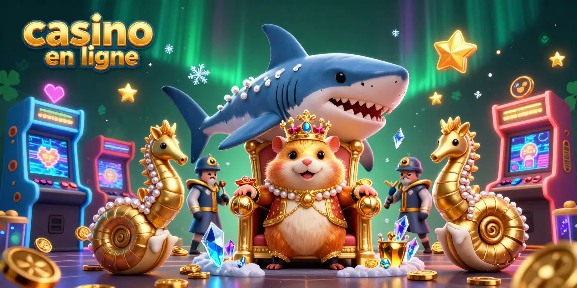 Plongez dans le monde du casino en ligne avec cette illustration dynamique contenant un roi hamster et des éléments de jeu captivants.