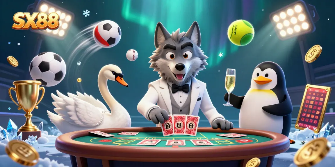 Experience the gaming world with SX88 where a debonair wolf, elegant swan, and penguin sommelier bring casino magic to life.