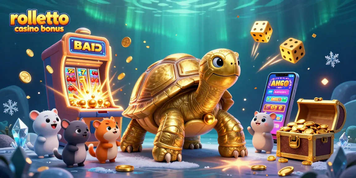 Essayez le bonus Rolletto casino avec une tortue dorée géante et des animaux jouant aux machines à sous.
