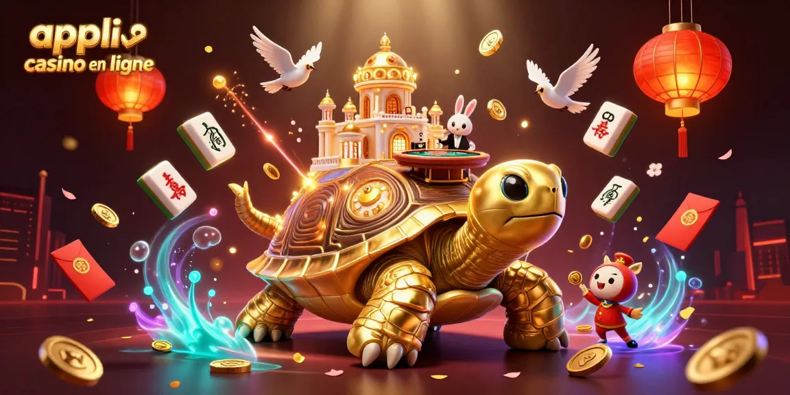 Illustration d'une appli casino en ligne avec une tortue géante et des éléments de jeux d'argent, offrant un divertissement vibrant.