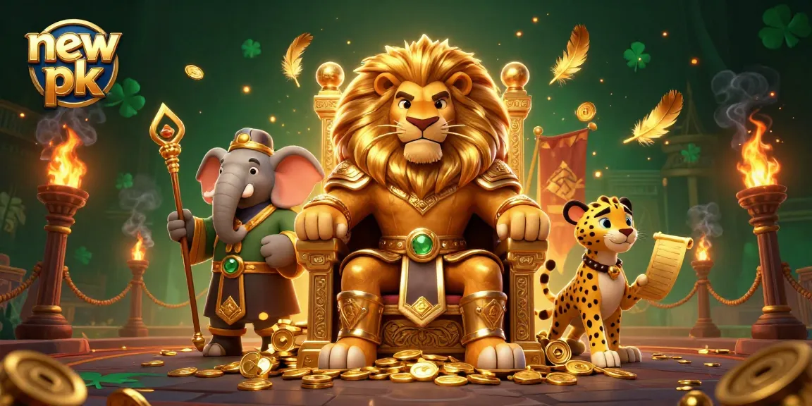 Experience thrilling gameplay with New PK's fierce lion king, wise elephant, and quick cheetah in this vibrant illustrated scene.