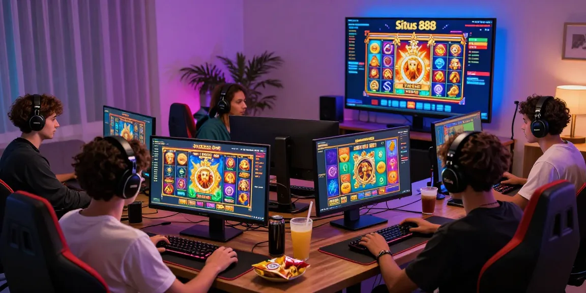 Exciting gaming scene at Situs 888 featuring players enjoying Zeus-themed slot games, modern gaming setup, and vibrant atmosphere.
