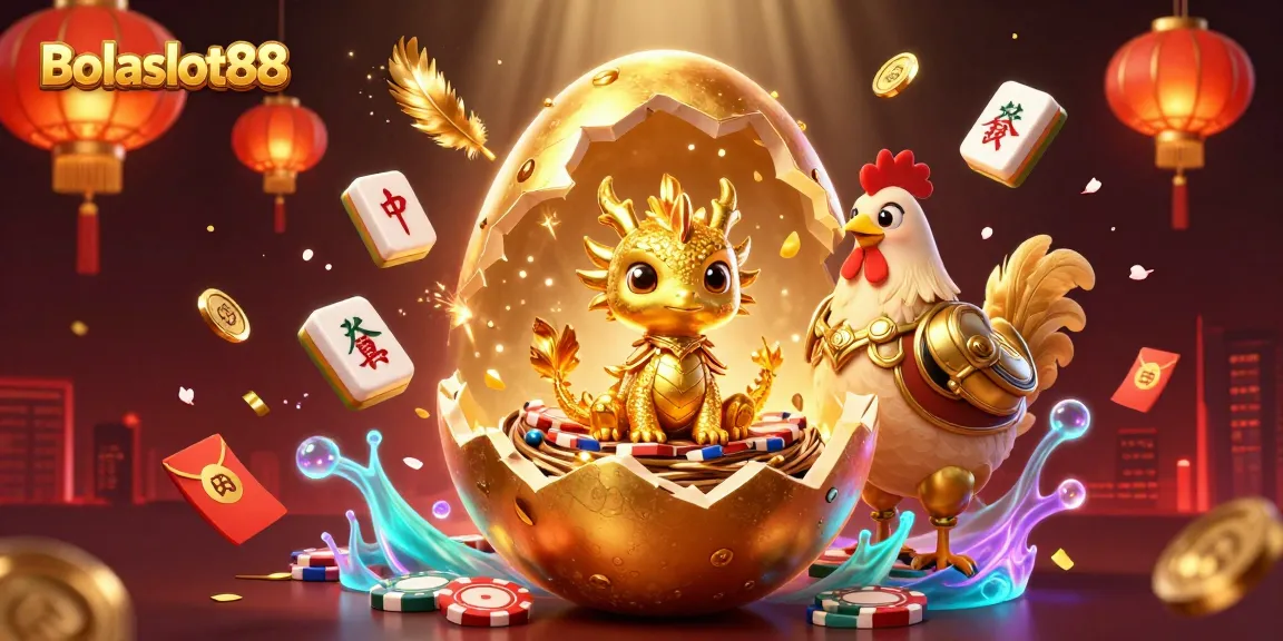 Bolaslot88 enthralls players with a golden dragon on poker chips amidst festive casino elements.