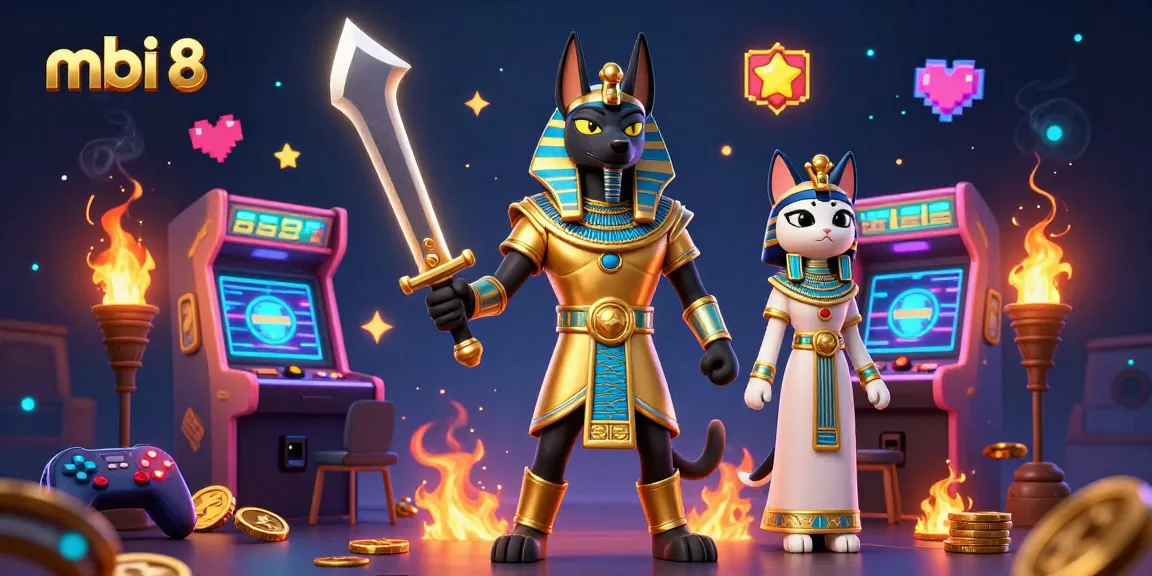Engage with the thrilling gaming world at mbi 8, featuring Anubis and Bastet amidst vibrant gaming elements.