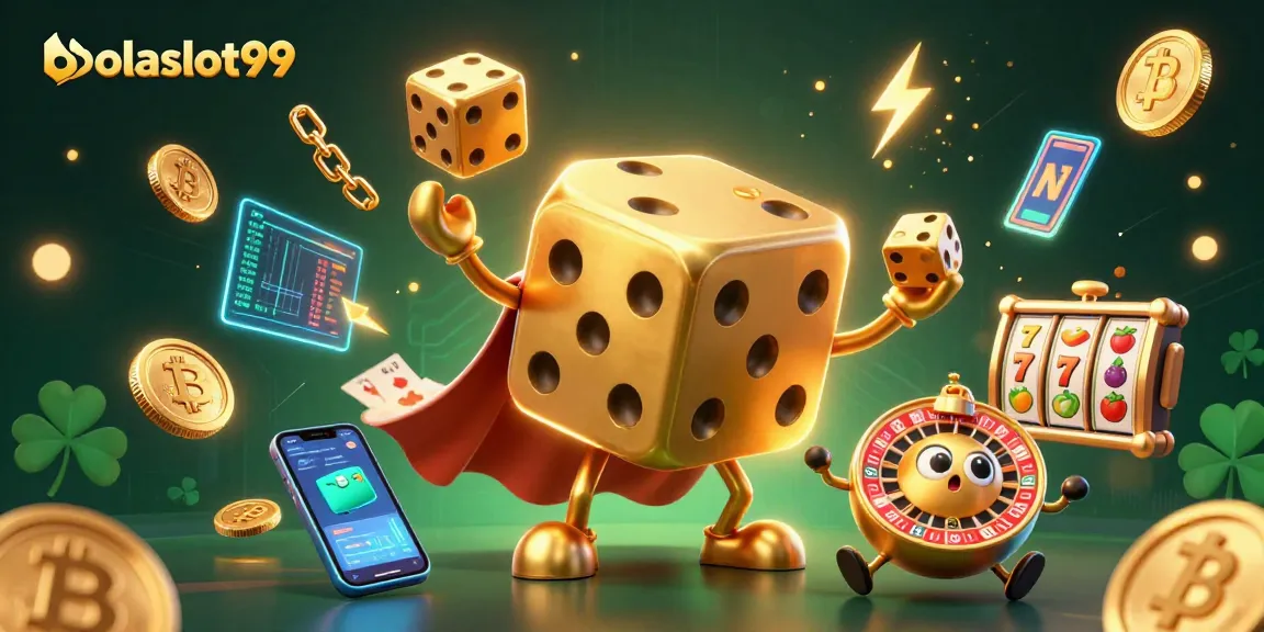 Engage with bolaslot99 through a vibrant 3D casino scene featuring animated golden dice and crypto elements.
