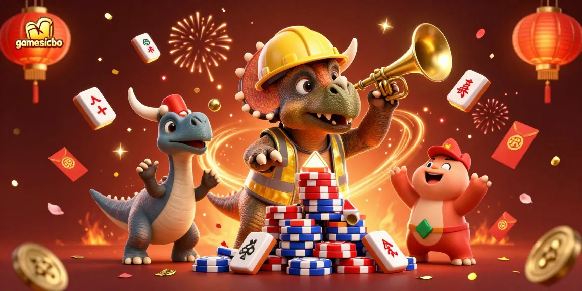 Experience the excitement of gamesicbo with playful characters building poker chip pyramids and celebrating!