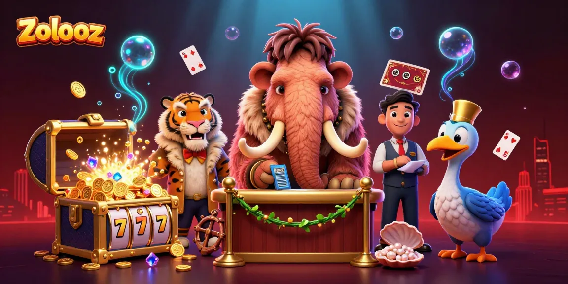 Zolooz showcases a vibrant casino scene with a bouncer, VIP guest, and doorman surrounded by slot game elements.